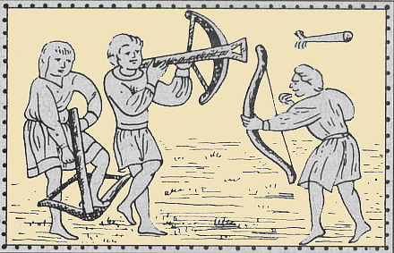 Арбалетчики и стрелец из лука. С миниатюры Радзивилловской летописи. XV век
